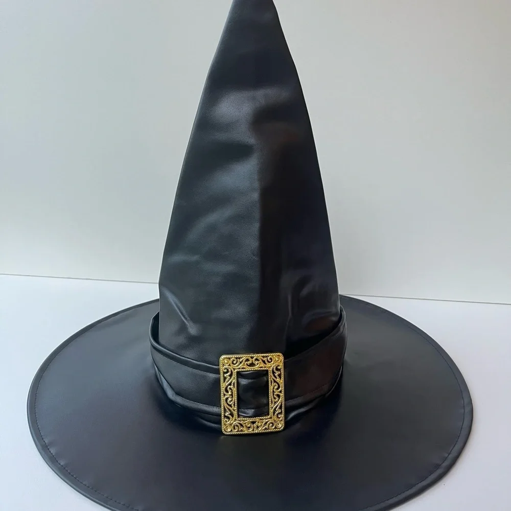 NEW Black Witch Hat with Gold Buckle - Faux Leather Costume
